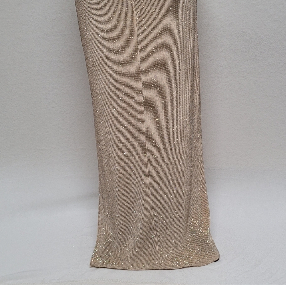80s Vintage City Triangles Gold Metallic Knit Strappy Backless Slit Maxi Dress M - Picture 11 of 14